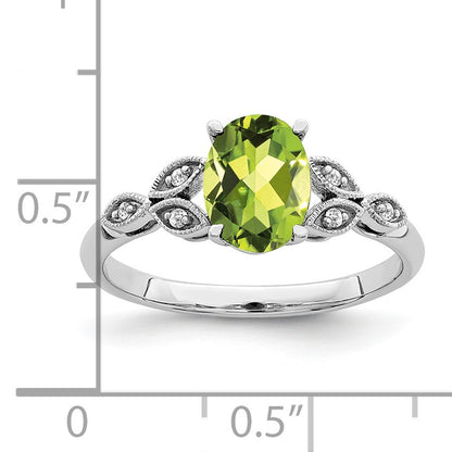 14k White Gold 8x6mm Oval Peridot and Diamond Leaves Ring