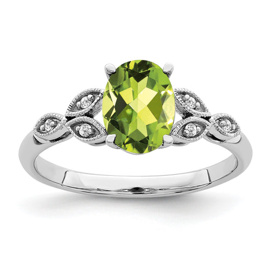 14k White Gold 8x6mm Oval Peridot and Diamond Leaves Ring