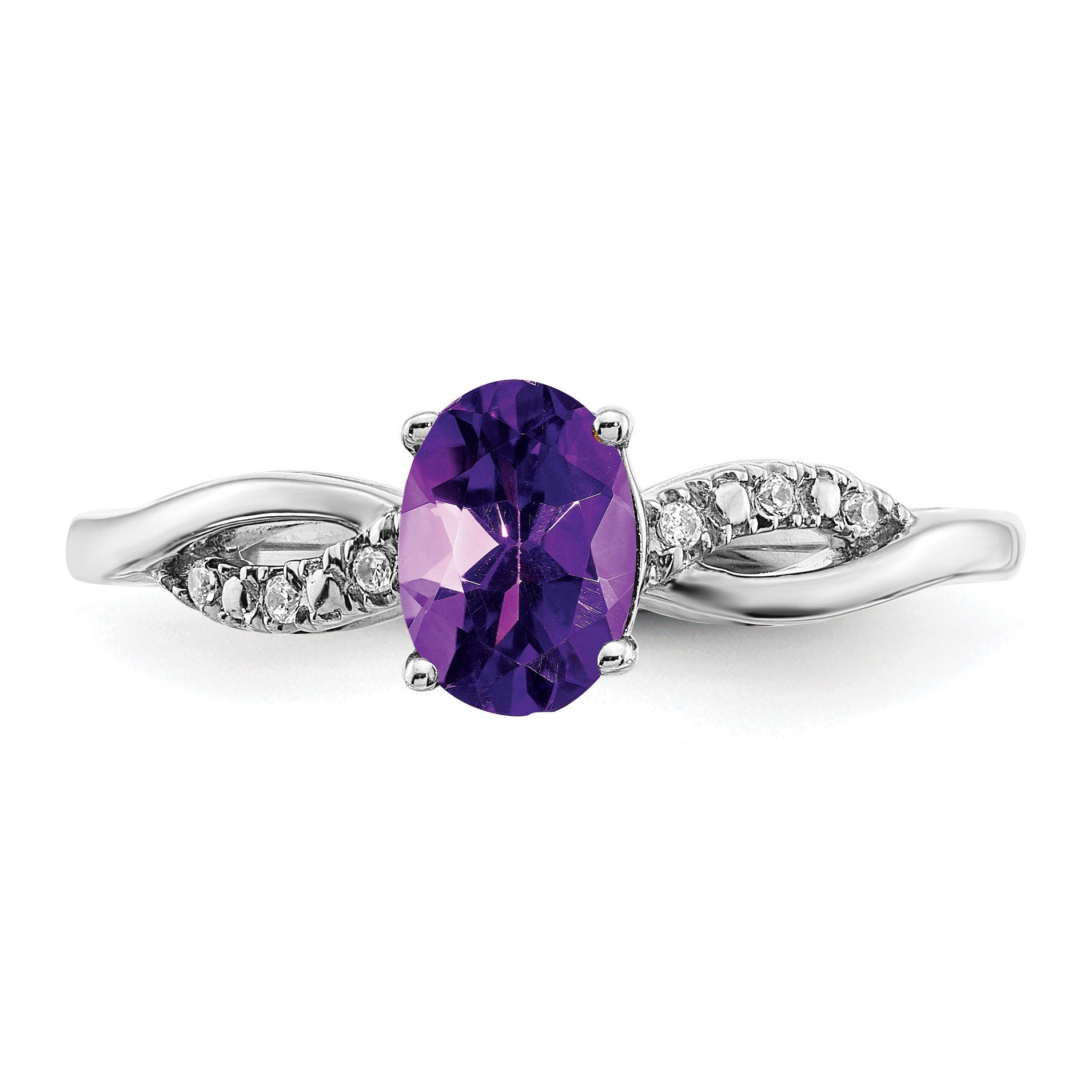 14k White Gold 7x5mm Oval Amethyst and 1/20 carat Diamond Ring