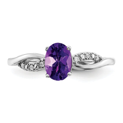 14k White Gold 7x5mm Oval Amethyst and 1/20 carat Diamond Ring