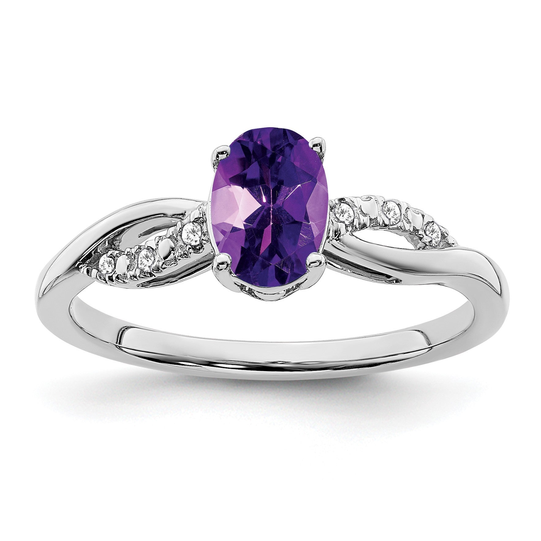 14k White Gold 7x5mm Oval Amethyst and 1/20 carat Diamond Ring