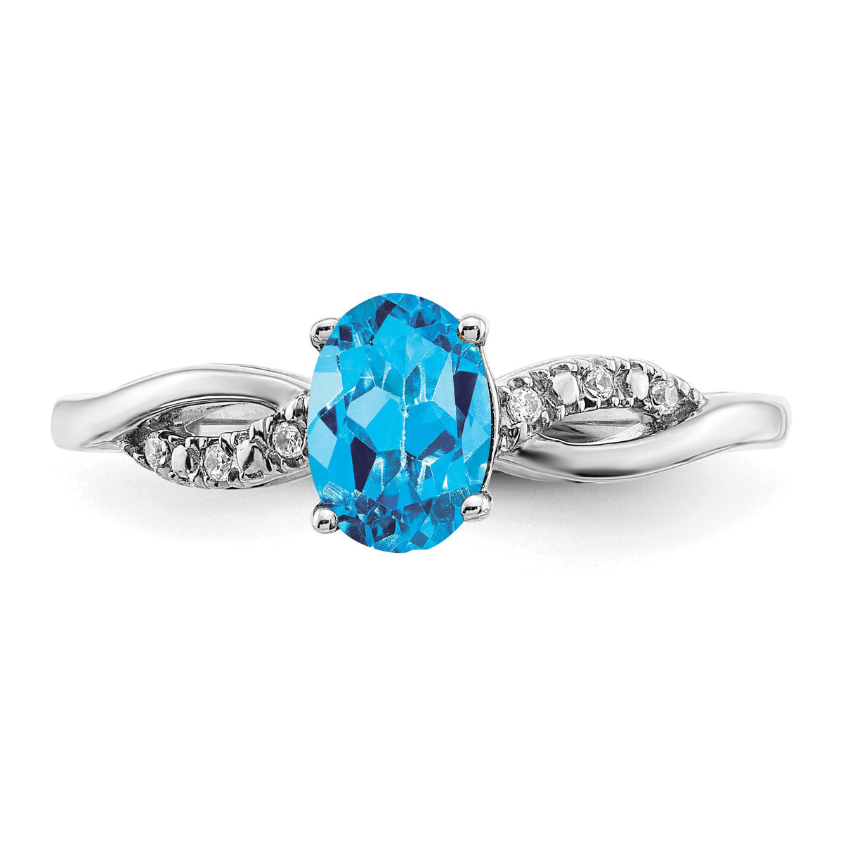 14k White Gold 7x5mm Oval Blue Topaz and 1/20 carat Diamond Ring