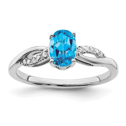 14k White Gold 7x5mm Oval Blue Topaz and 1/20 carat Diamond Ring