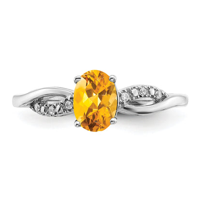 14k White Gold 7x5mm Oval Citrine and 1/20 carat Diamond Ring