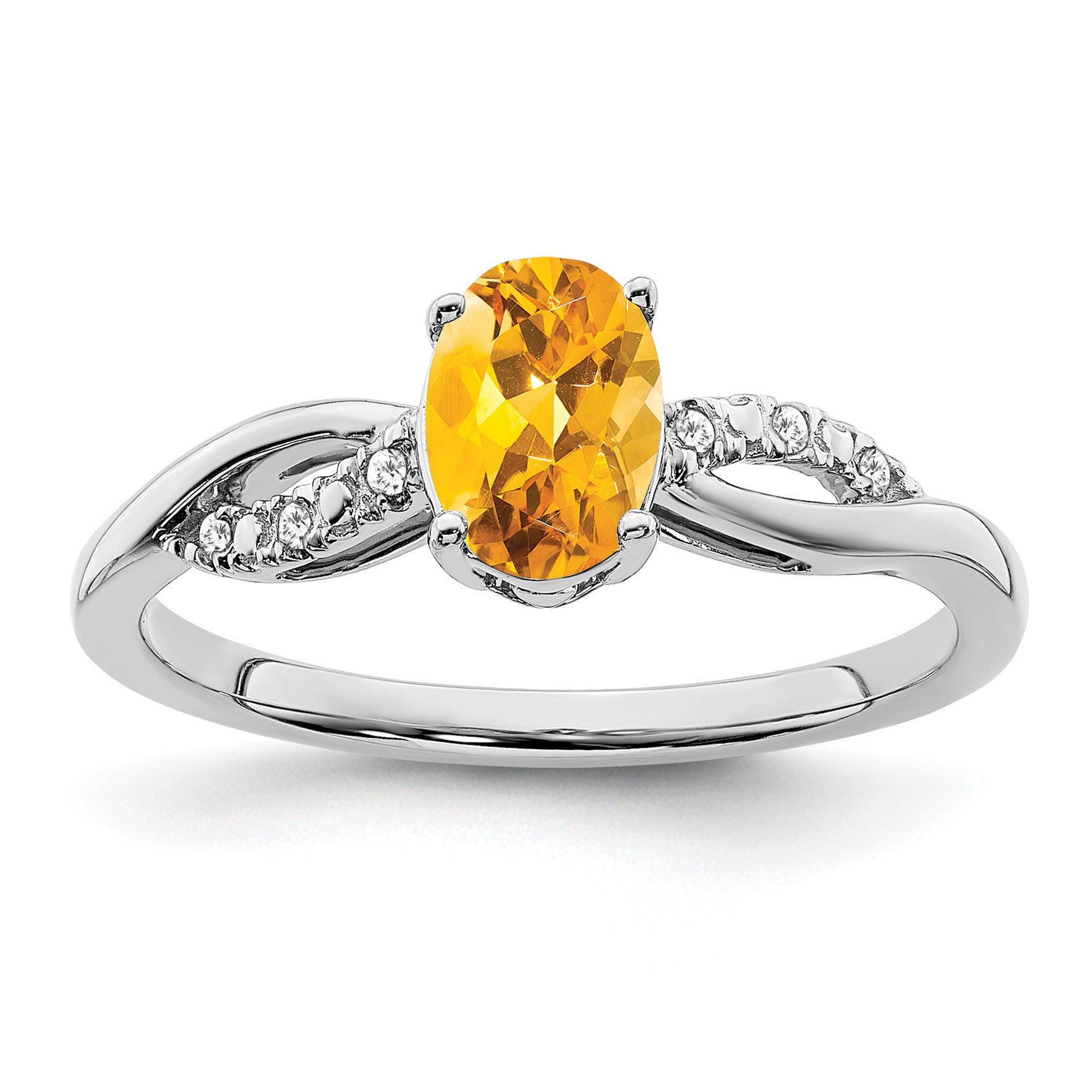 14k White Gold 7x5mm Oval Citrine and 1/20 carat Diamond Ring