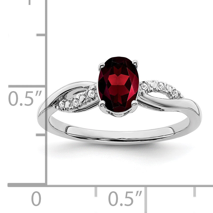 14k White Gold 7x5mm Oval Garnet and 1/20 carat Diamond Ring