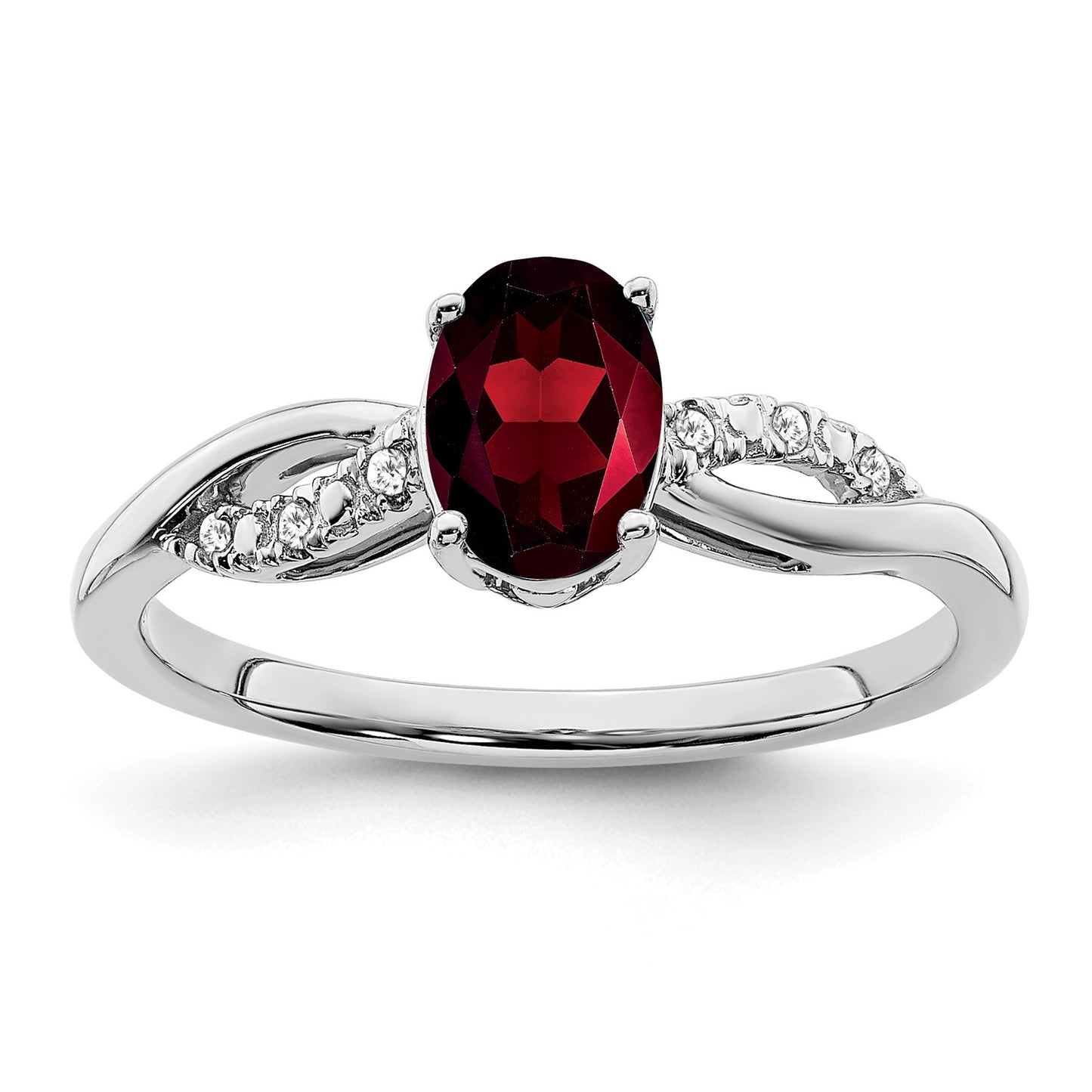 14k White Gold 7x5mm Oval Garnet and 1/20 carat Diamond Ring