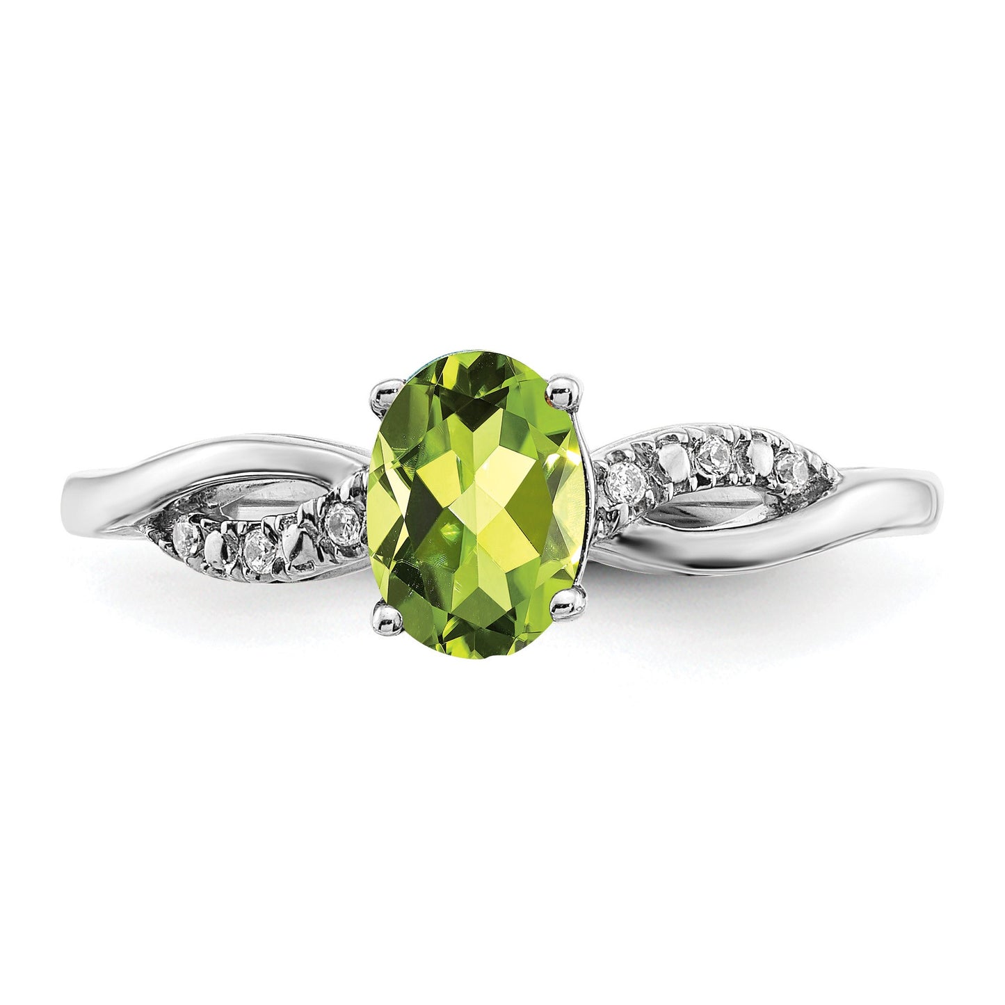 14k White Gold 7x5mm Oval Peridot and 1/20 carat Diamond Ring