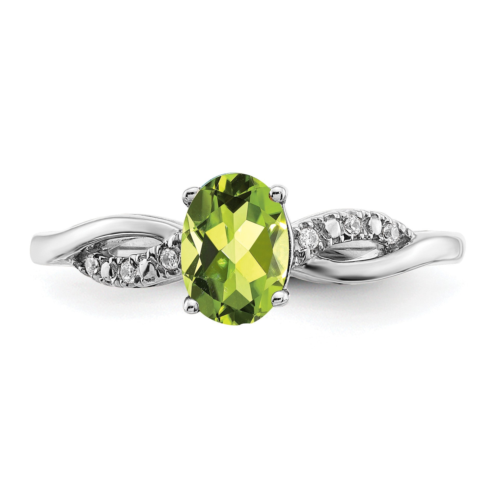14k White Gold 7x5mm Oval Peridot and 1/20 carat Diamond Ring