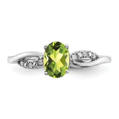 14k White Gold 7x5mm Oval Peridot and 1/20 carat Diamond Ring