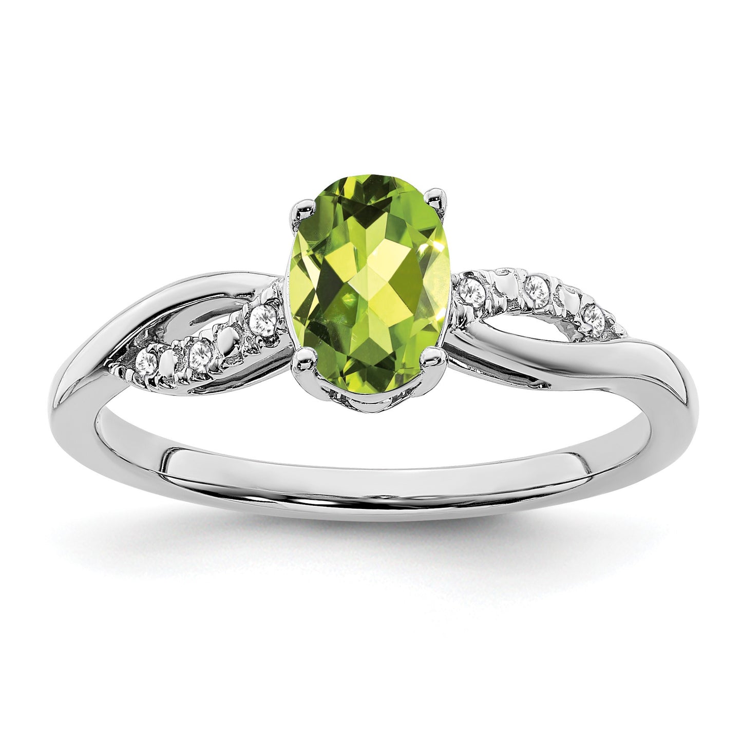 14k White Gold 7x5mm Oval Peridot and 1/20 carat Diamond Ring