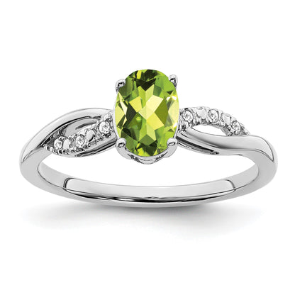 14k White Gold 7x5mm Oval Peridot and 1/20 carat Diamond Ring