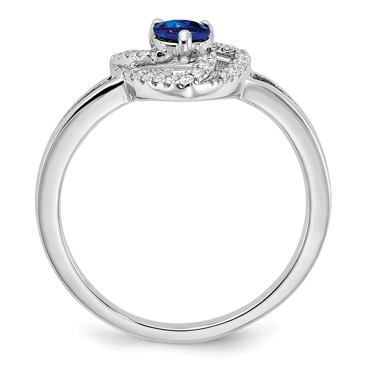14k White Gold 4mm Round Blue Sapphire and 1/8 carat Diamond Triangle Ring