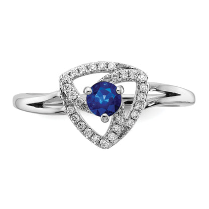 14k White Gold 4mm Round Blue Sapphire and 1/8 carat Diamond Triangle Ring