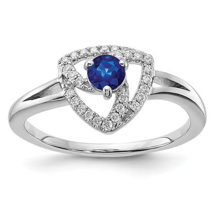 14k White Gold 4mm Round Blue Sapphire and 1/8 carat Diamond Triangle Ring
