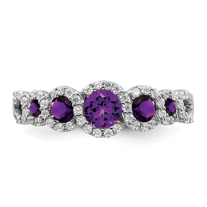 14k White Gold Graduated Amethyst and 1/4 carat Diamond Halo Ring