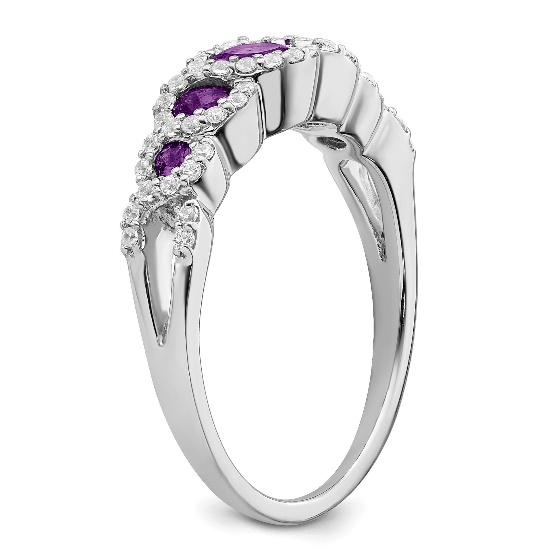 14k White Gold Graduated Amethyst and 1/4 carat Diamond Halo Ring