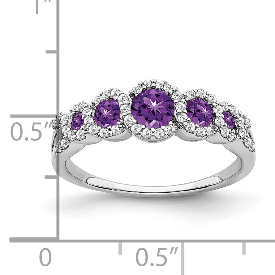 14k White Gold Graduated Amethyst and 1/4 carat Diamond Halo Ring