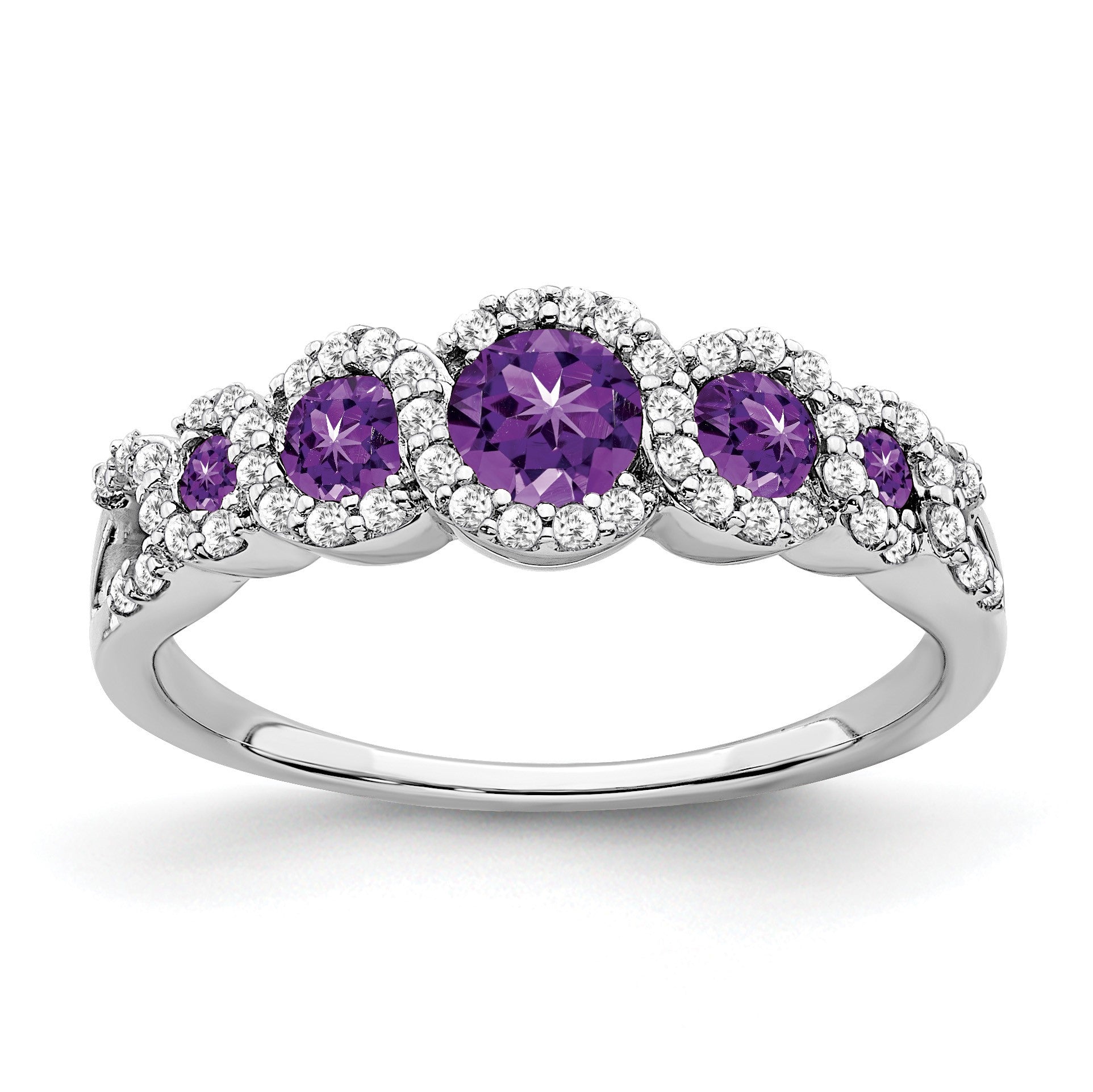 14k White Gold Graduated Amethyst and 1/4 carat Diamond Halo Ring