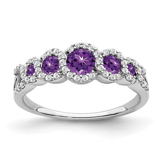 14k White Gold Graduated Amethyst and 1/4 carat Diamond Halo Ring