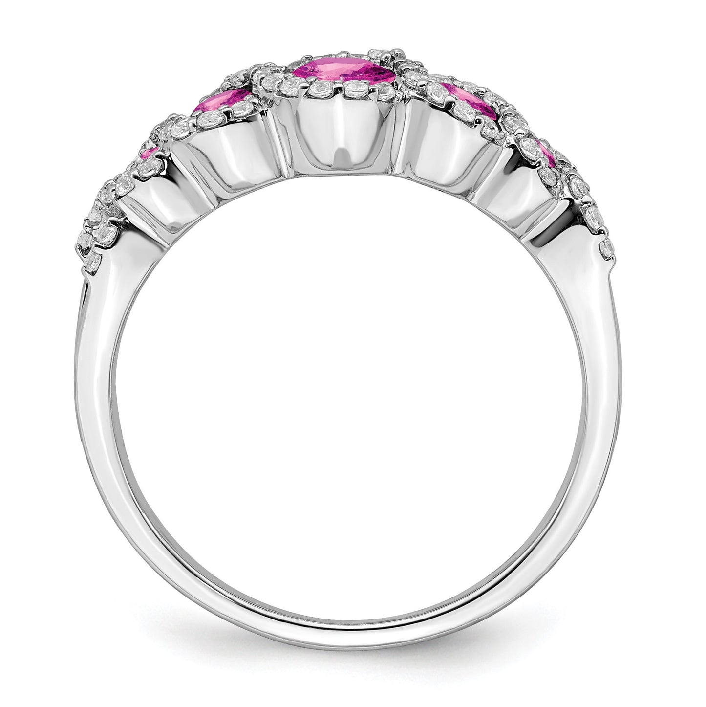 14k White Gold Graduated Lab-Created Pink Sapphire and 1/4 carat Diamond Halo Ring