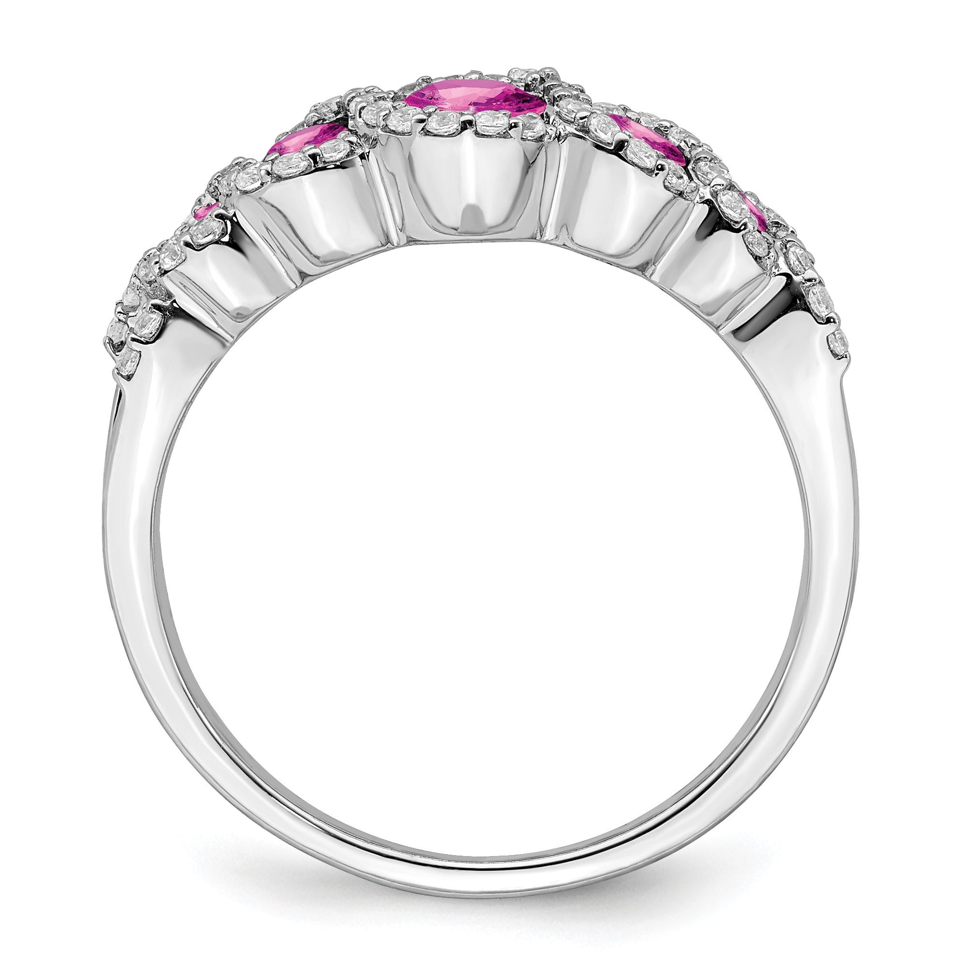 14k White Gold Graduated Lab-Created Pink Sapphire and 1/4 carat Diamond Halo Ring