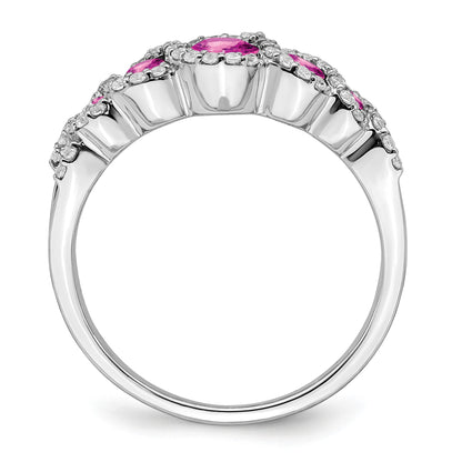 14k White Gold Graduated Lab-Created Pink Sapphire and 1/4 carat Diamond Halo Ring