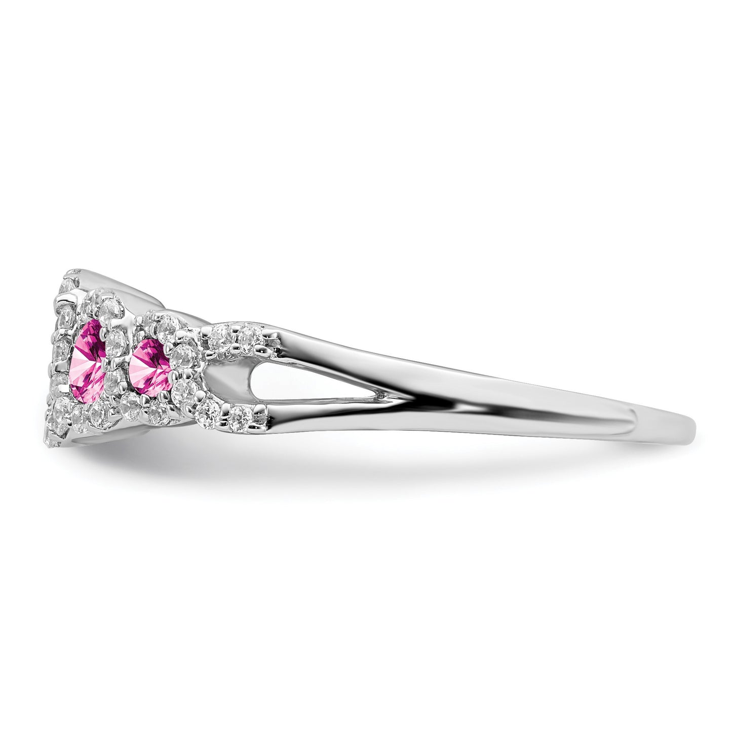 14k White Gold Graduated Lab-Created Pink Sapphire and 1/4 carat Diamond Halo Ring
