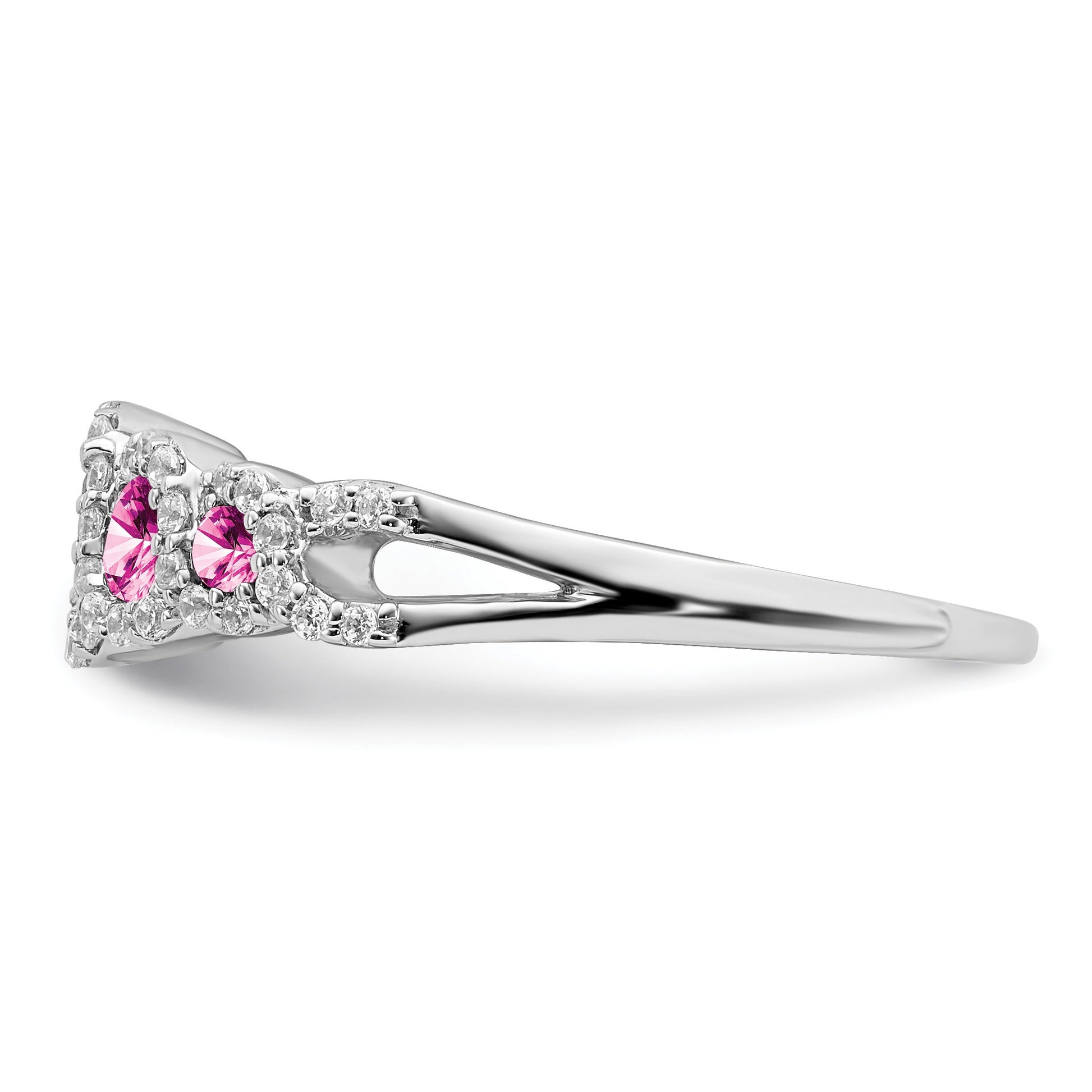 14k White Gold Graduated Lab-Created Pink Sapphire and 1/4 carat Diamond Halo Ring