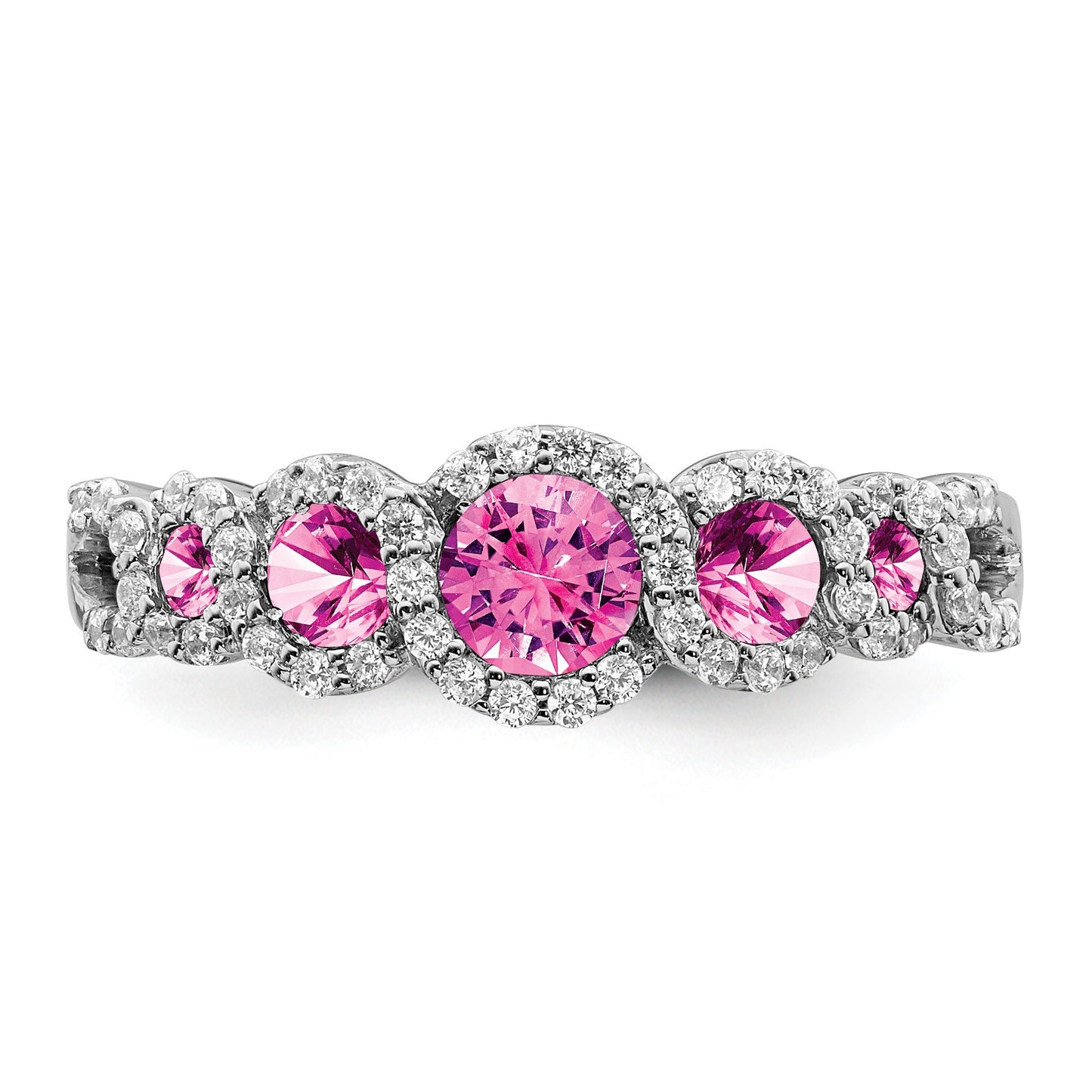14k White Gold Graduated Lab-Created Pink Sapphire and 1/4 carat Diamond Halo Ring