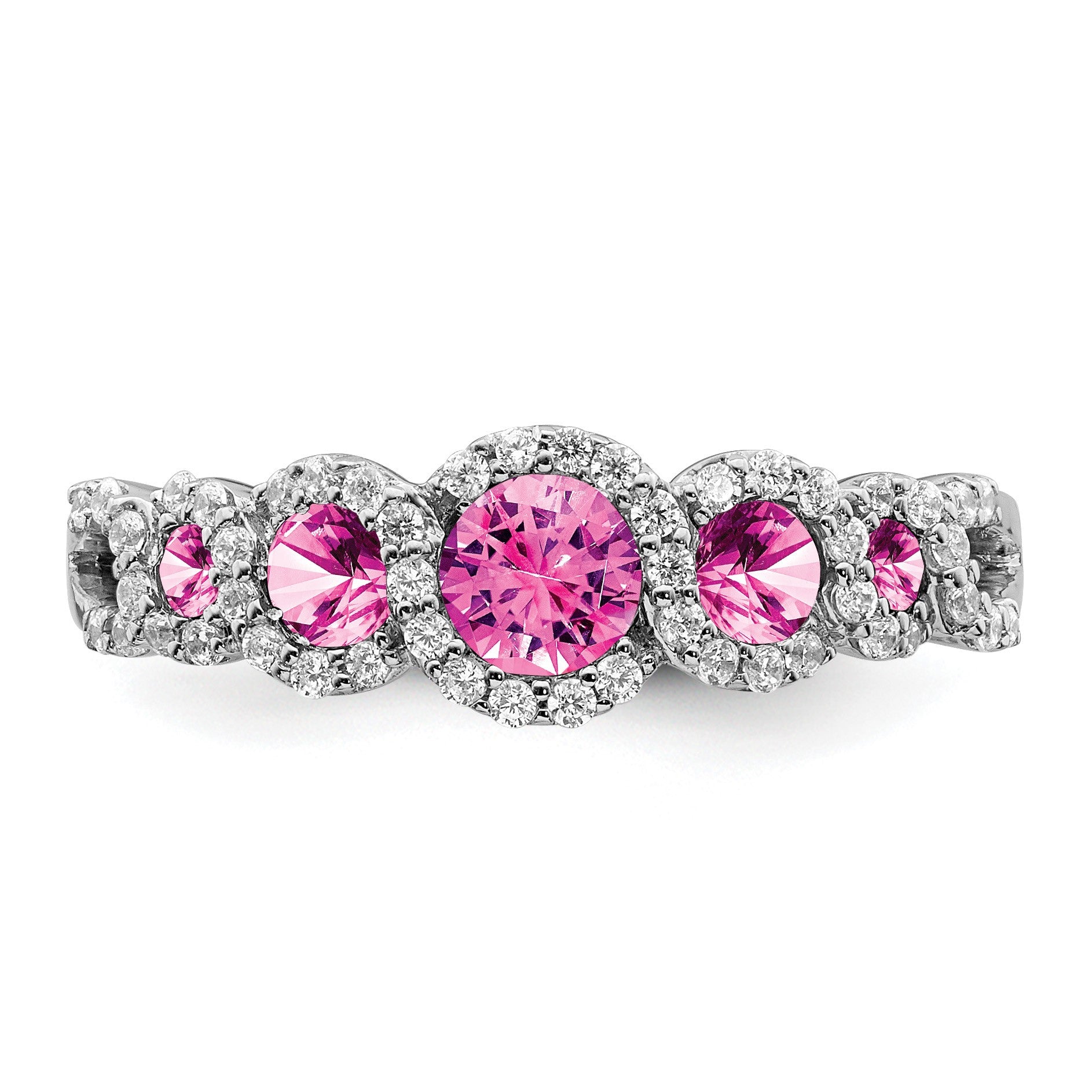 14k White Gold Graduated Lab-Created Pink Sapphire and 1/4 carat Diamond Halo Ring