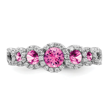 14k White Gold Graduated Lab-Created Pink Sapphire and 1/4 carat Diamond Halo Ring