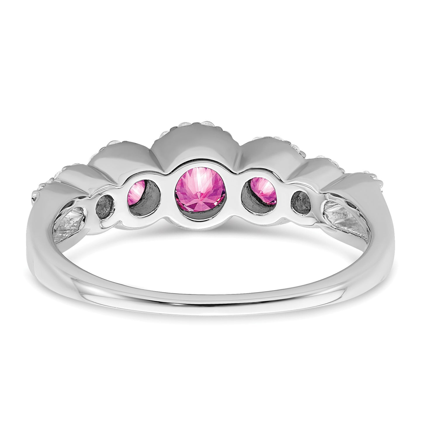 14k White Gold Graduated Lab-Created Pink Sapphire and 1/4 carat Diamond Halo Ring