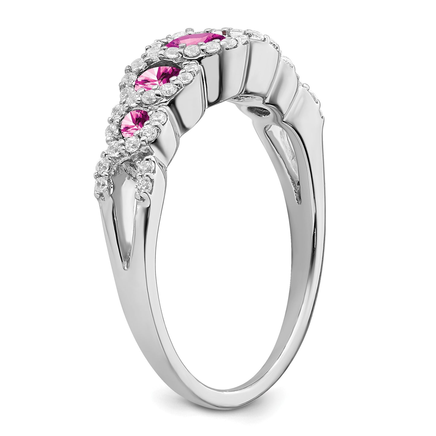 14k White Gold Graduated Lab-Created Pink Sapphire and 1/4 carat Diamond Halo Ring