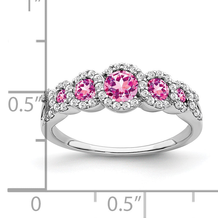 14k White Gold Graduated Lab-Created Pink Sapphire and 1/4 carat Diamond Halo Ring