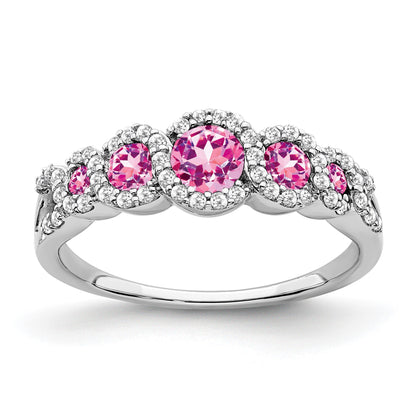 14k White Gold Graduated Lab-Created Pink Sapphire and 1/4 carat Diamond Halo Ring