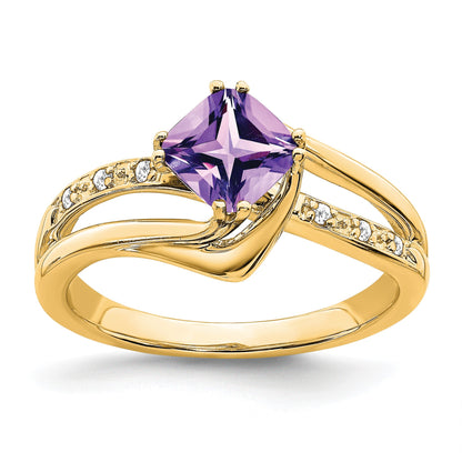 14k 6mm Cushion Amethyst and Diamond Ring