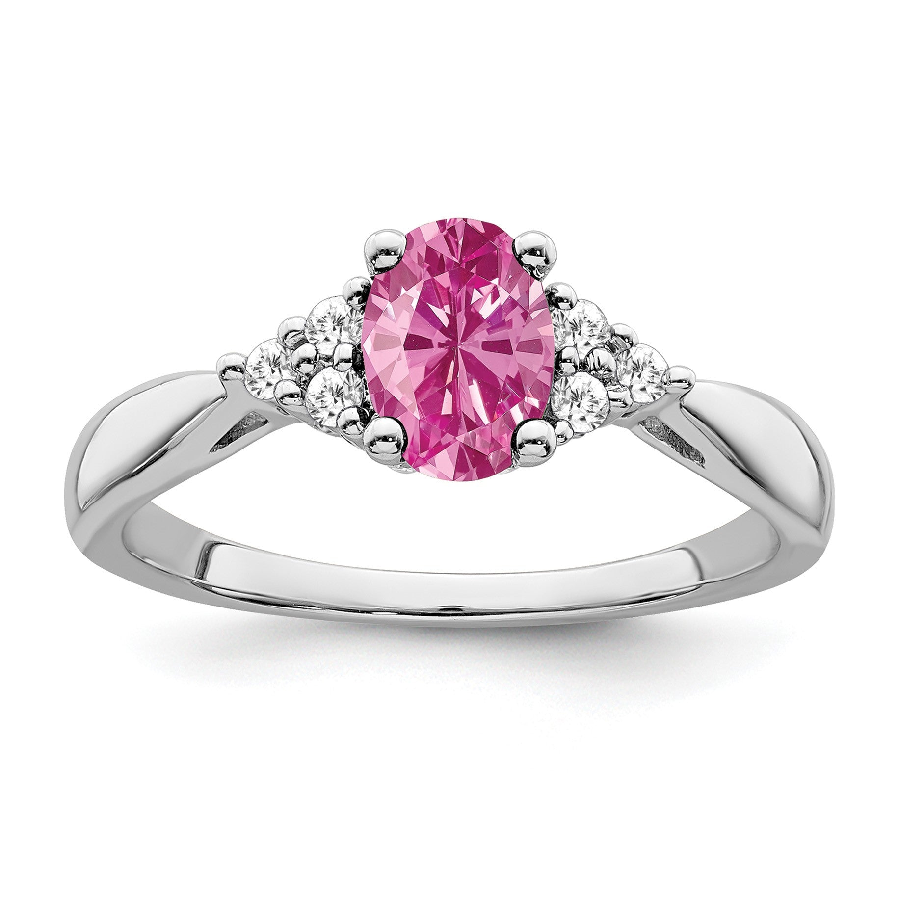 14k White Gold 5x7mm Oval Lab-Created Pink Sapphire and 1/8 carat Diamond Ring