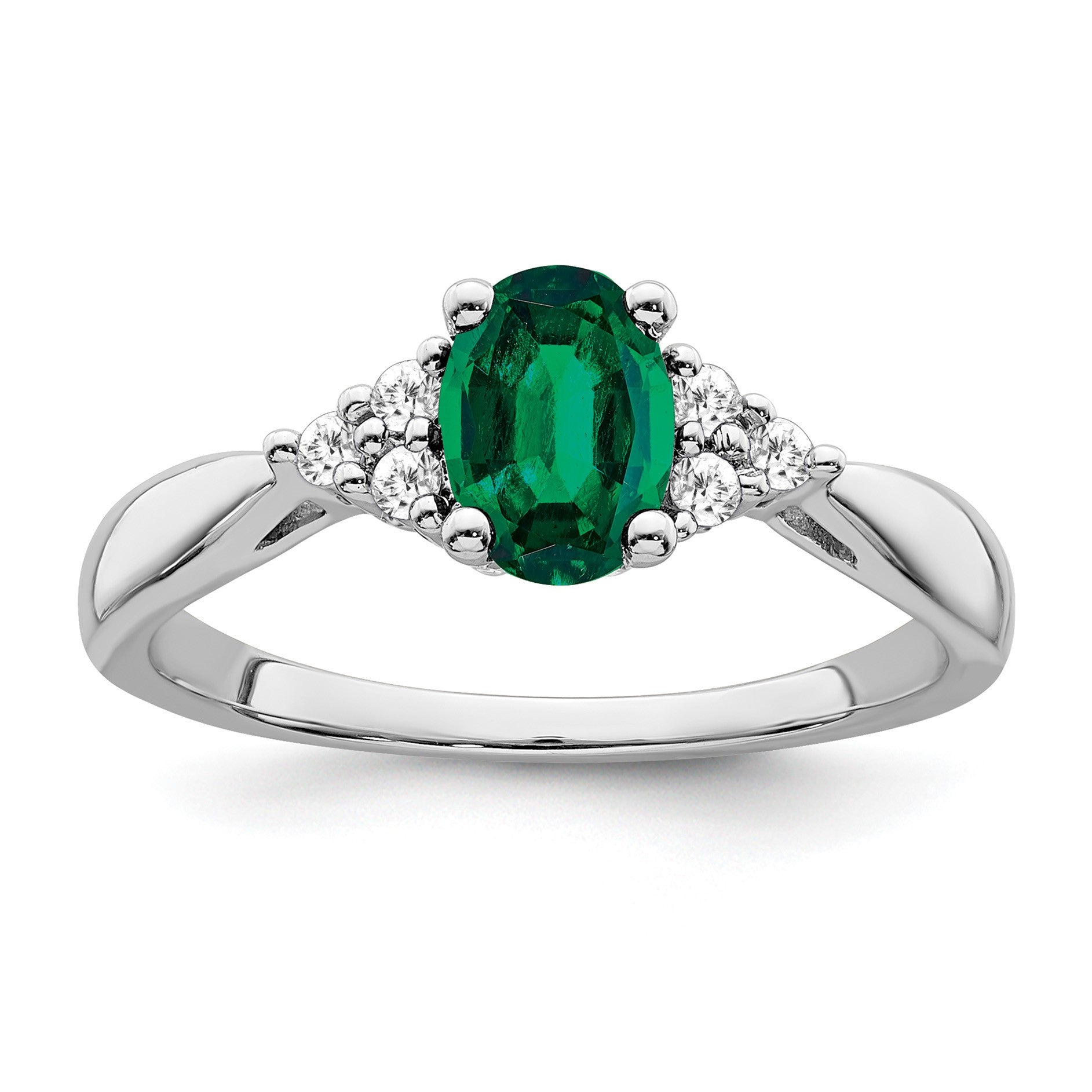14k White Gold 7x5mm Oval Lab-Created Emerald and 1/8 carat Diamond Ring