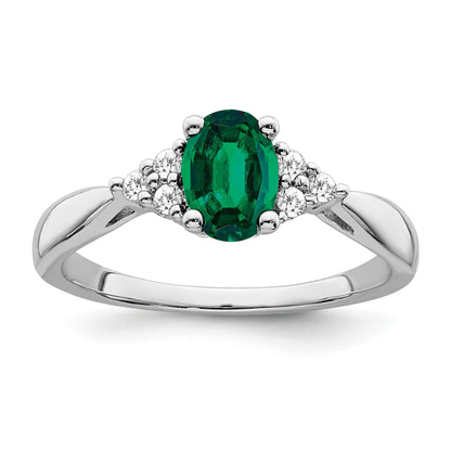 14k White Gold 7x5mm Oval Lab-Created Emerald and 1/8 carat Diamond Ring