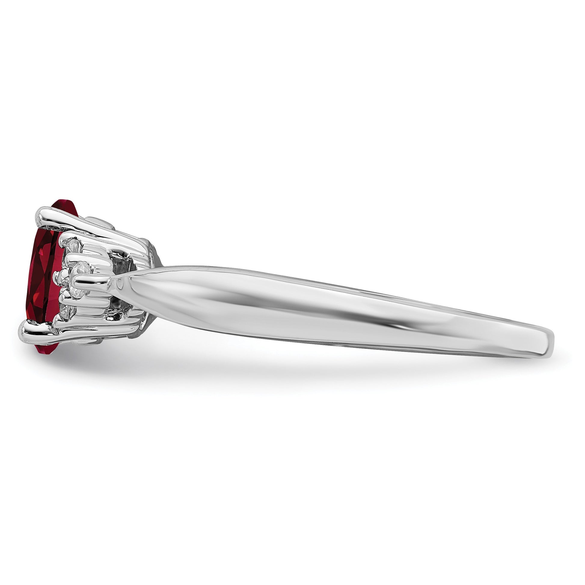 14k White Gold 5x7mm Oval Lab Created Ruby and 1/8 carat Diamond Ring