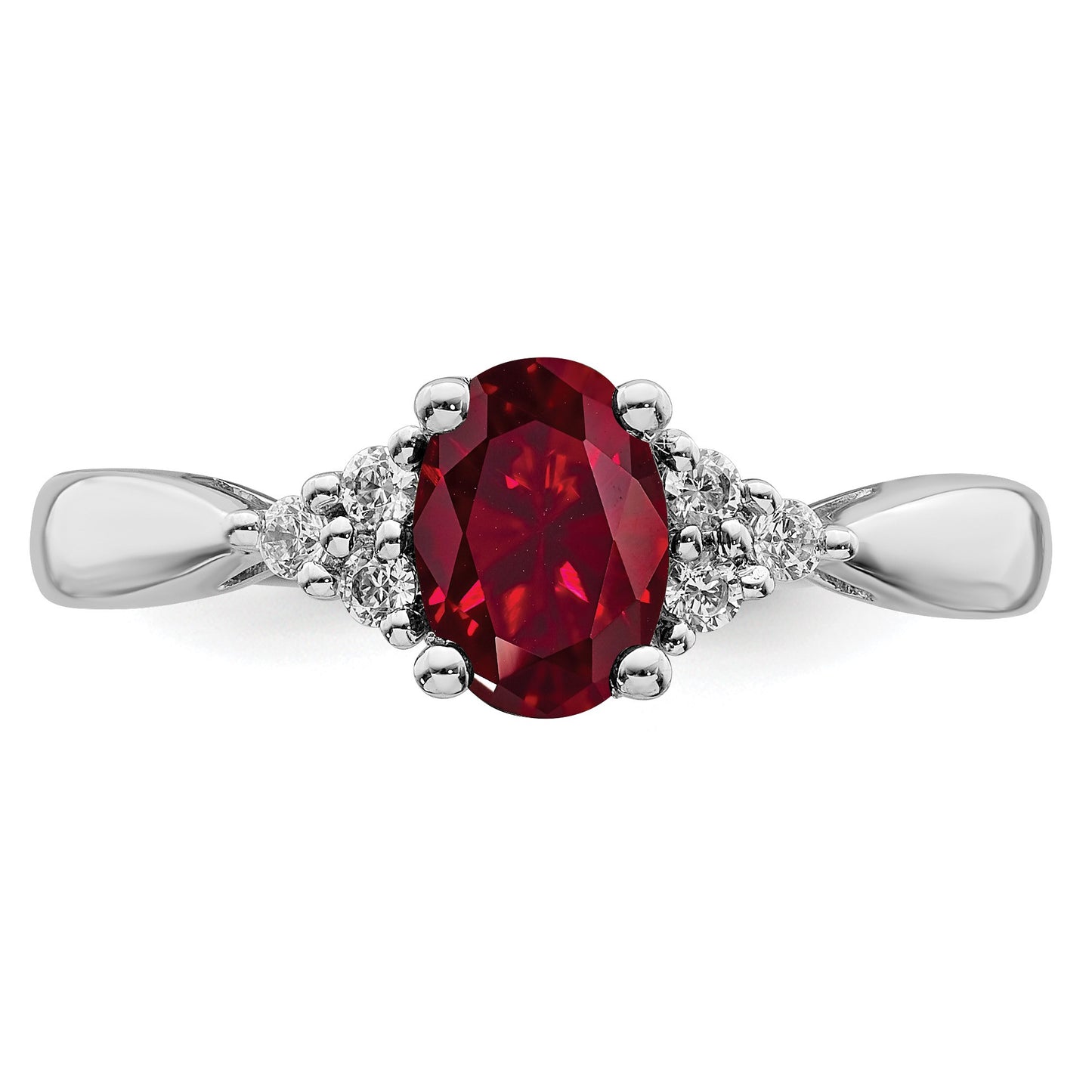 14k White Gold 5x7mm Oval Lab Created Ruby and 1/8 carat Diamond Ring