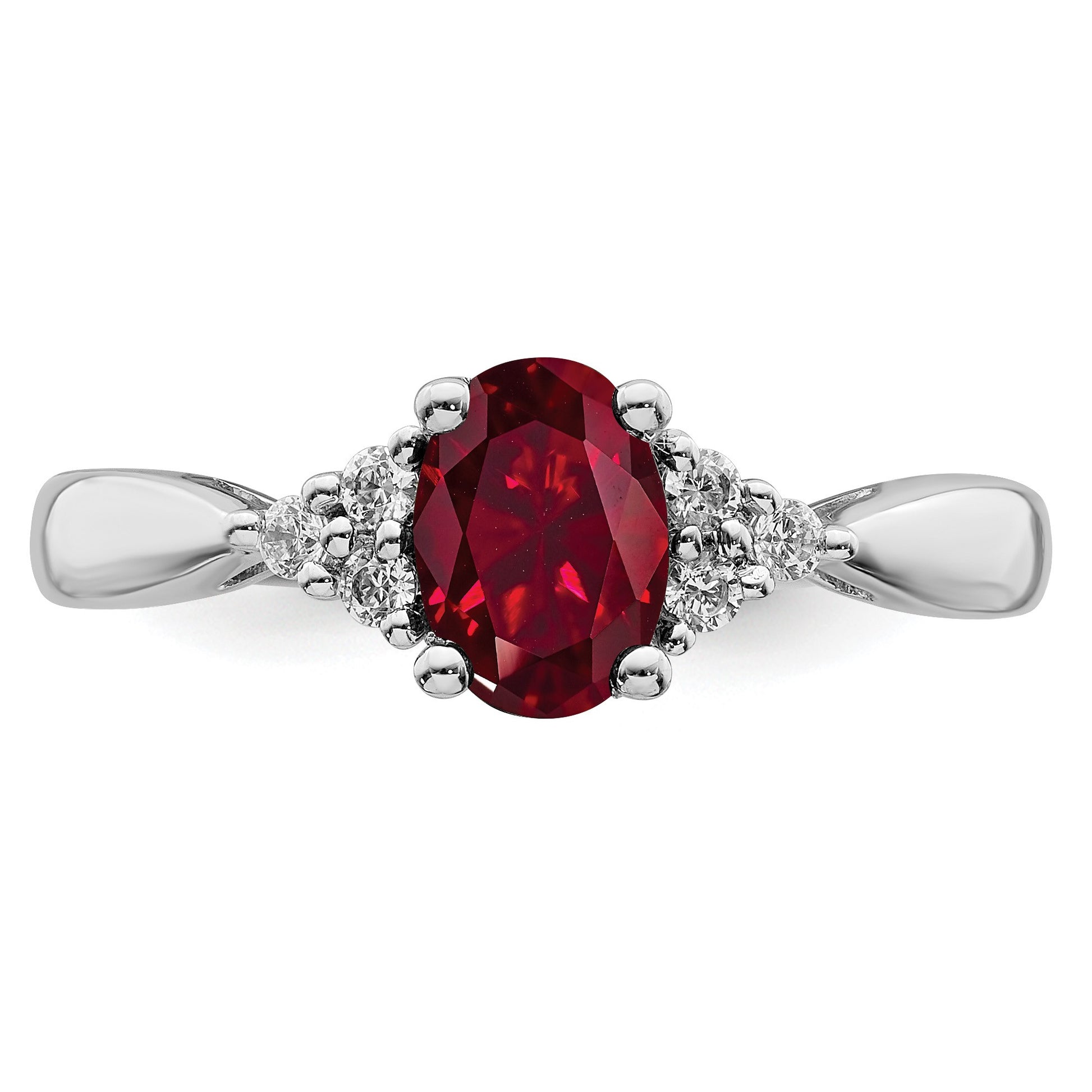 14k White Gold 5x7mm Oval Lab Created Ruby and 1/8 carat Diamond Ring