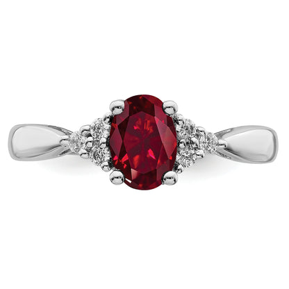 14k White Gold 5x7mm Oval Lab Created Ruby and 1/8 carat Diamond Ring