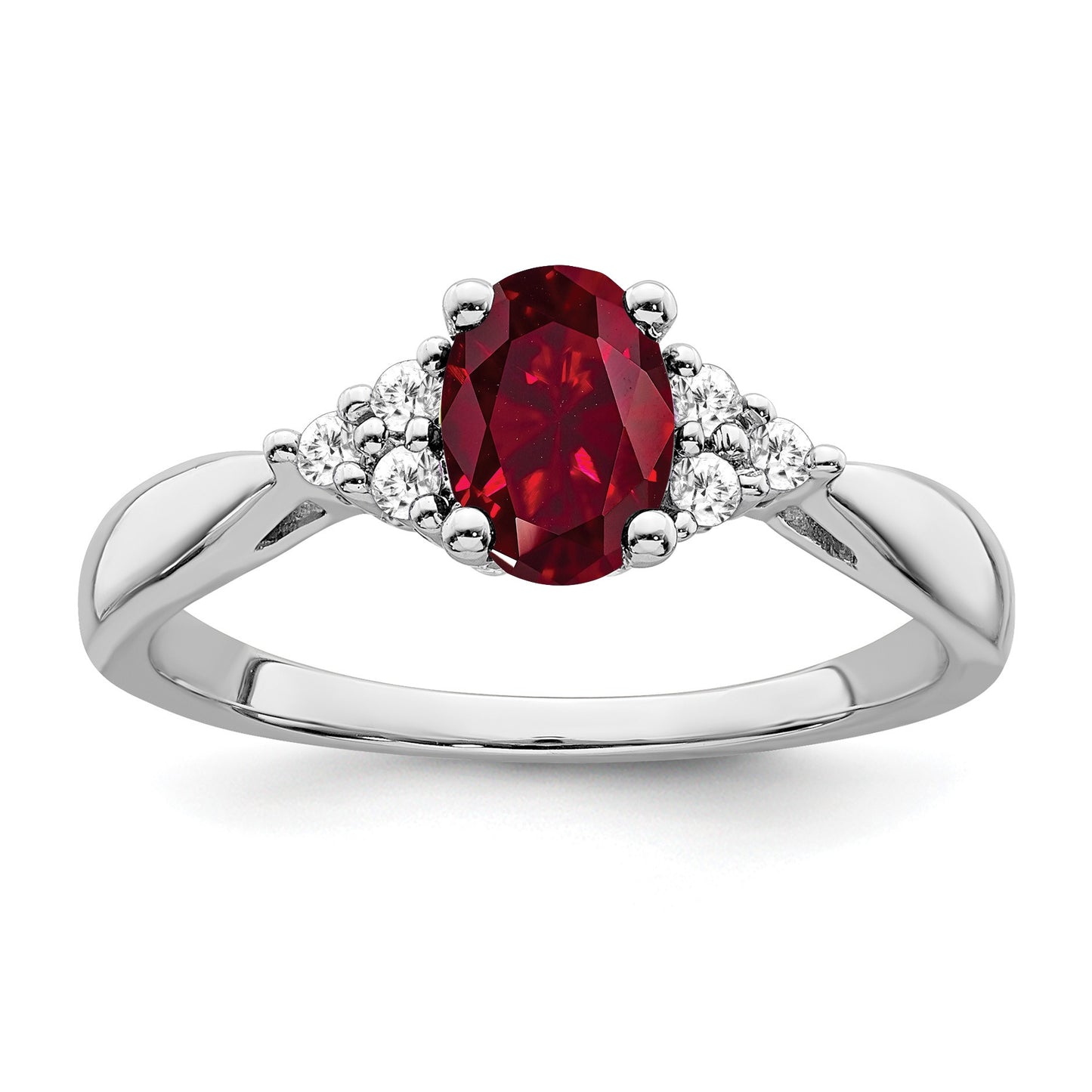 14k White Gold 5x7mm Oval Lab Created Ruby and 1/8 carat Diamond Ring