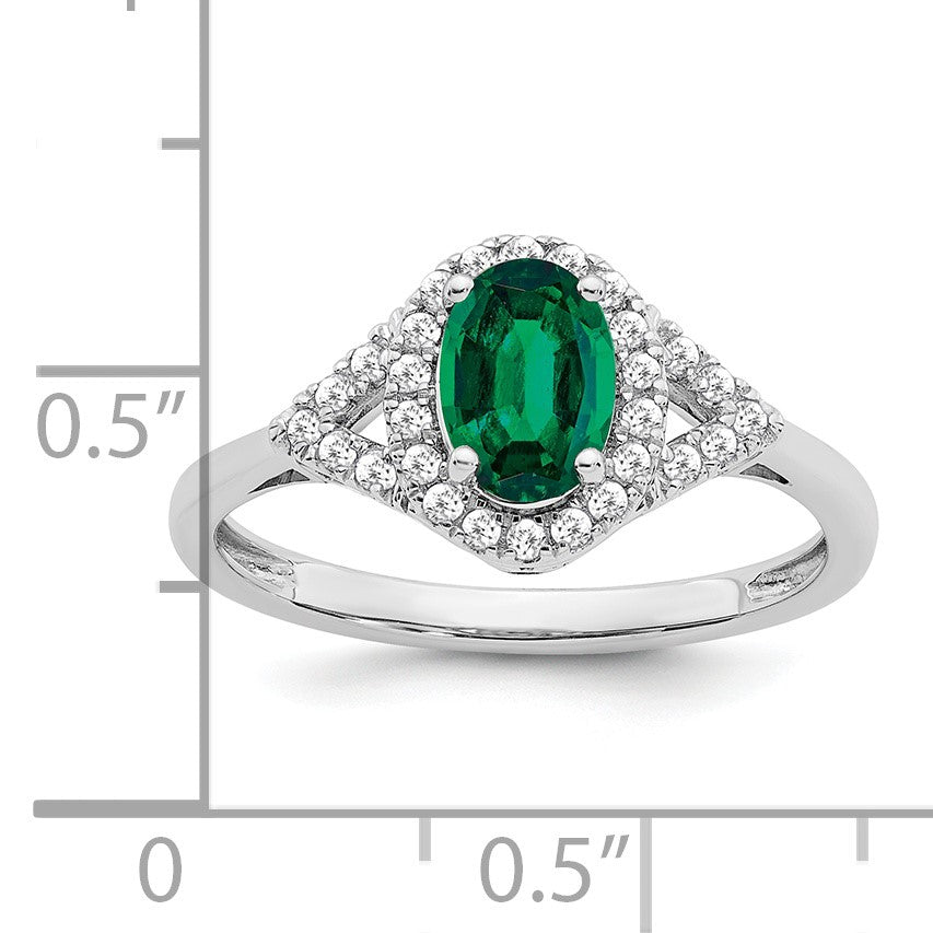 14k White Gold 7x5mm Oval Lab-Created Emerald and 1/5 carat Diamond Halo Ring