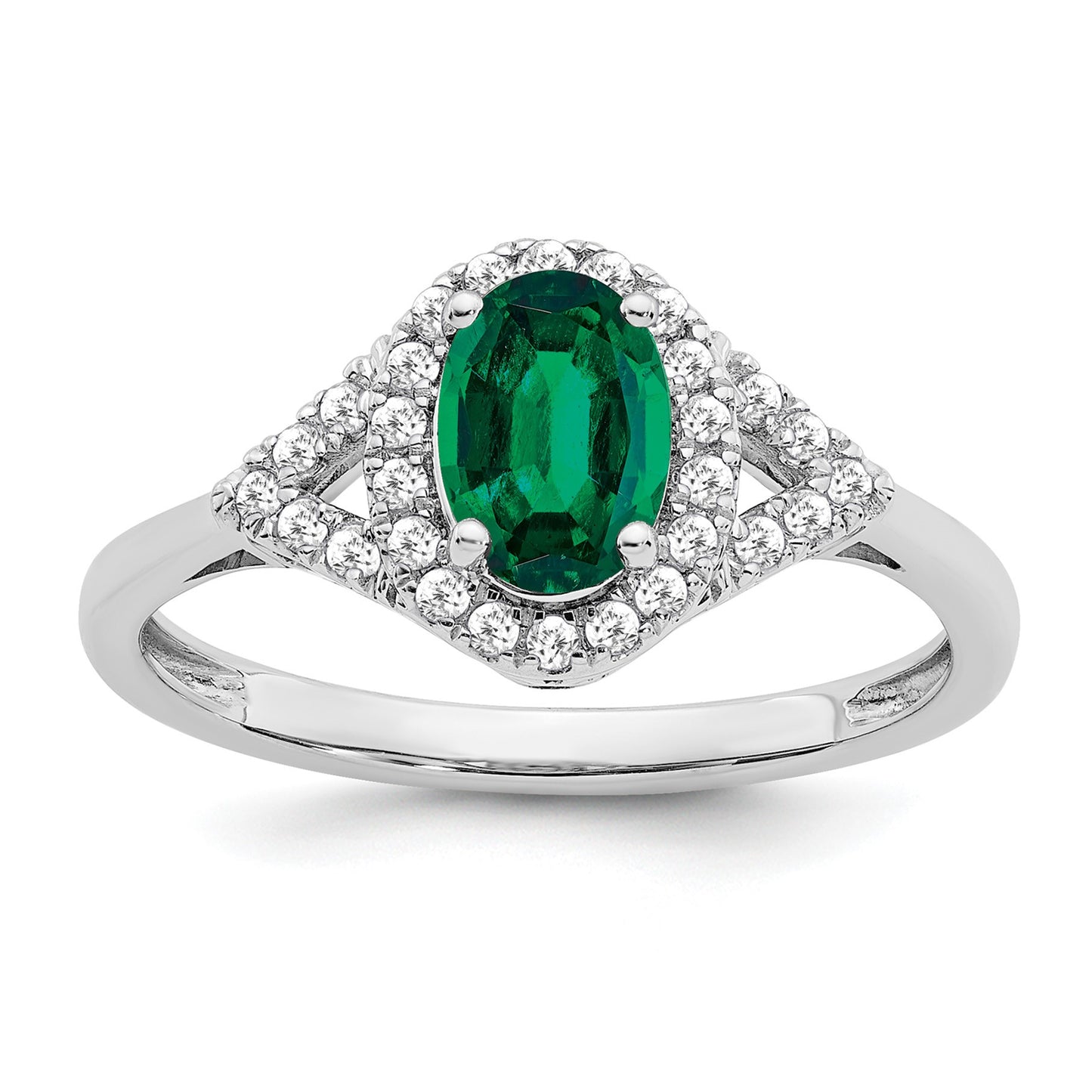 14k White Gold 7x5mm Oval Lab-Created Emerald and 1/5 carat Diamond Halo Ring