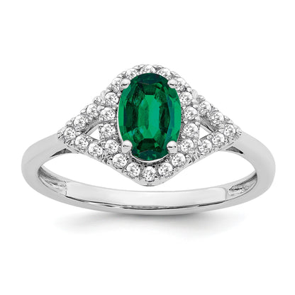 14k White Gold 7x5mm Oval Lab-Created Emerald and 1/5 carat Diamond Halo Ring