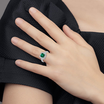14k White Gold 7mm Cushion Lab-Created Emerald and 1/5 carat Diamond Halo Ring