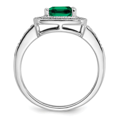 14k White Gold 7mm Cushion Lab-Created Emerald and 1/5 carat Diamond Halo Ring